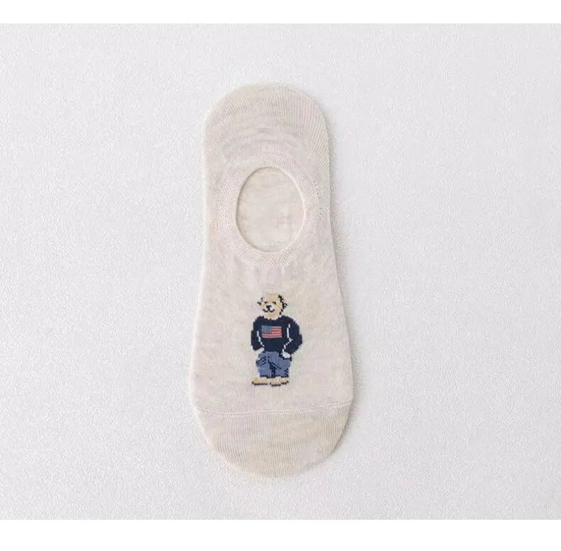 5 Pairs of Super Cute Bear Embroidered Cartoon Bear Boat Socks, Soft and Comfortable, Sweat Wicking and Versatile Short Socks