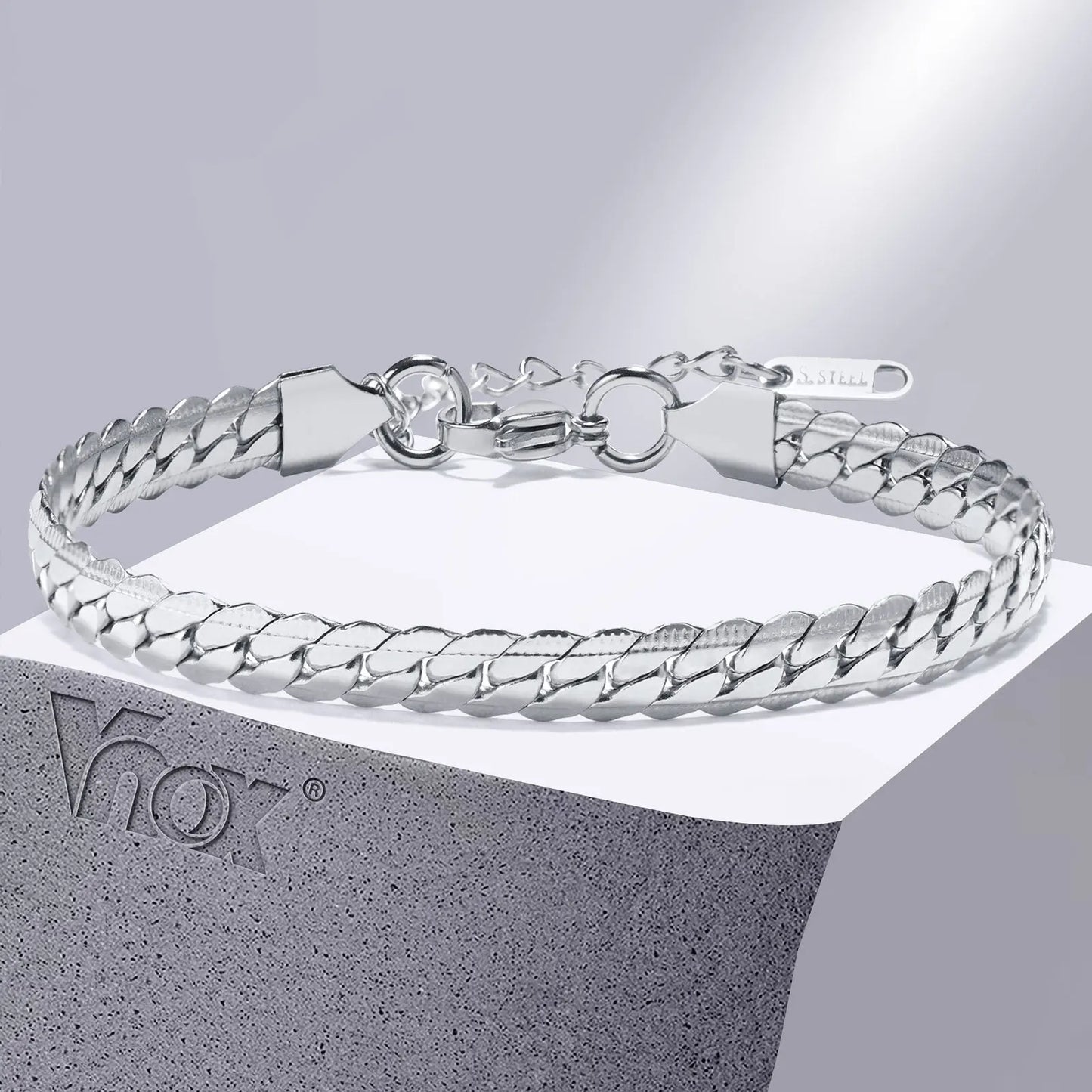Vnox 6mm Stainless Steel Flat Cuban Chain Bracelets for Men, Adjustable Miami Curb Links Bracelet, Casual Punk Wrist Jewelry