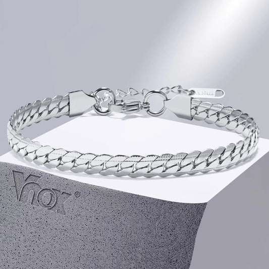 Vnox 6mm Stainless Steel Flat Cuban Chain Bracelets for Men, Adjustable Miami Curb Links Bracelet, Casual Punk Wrist Jewelry