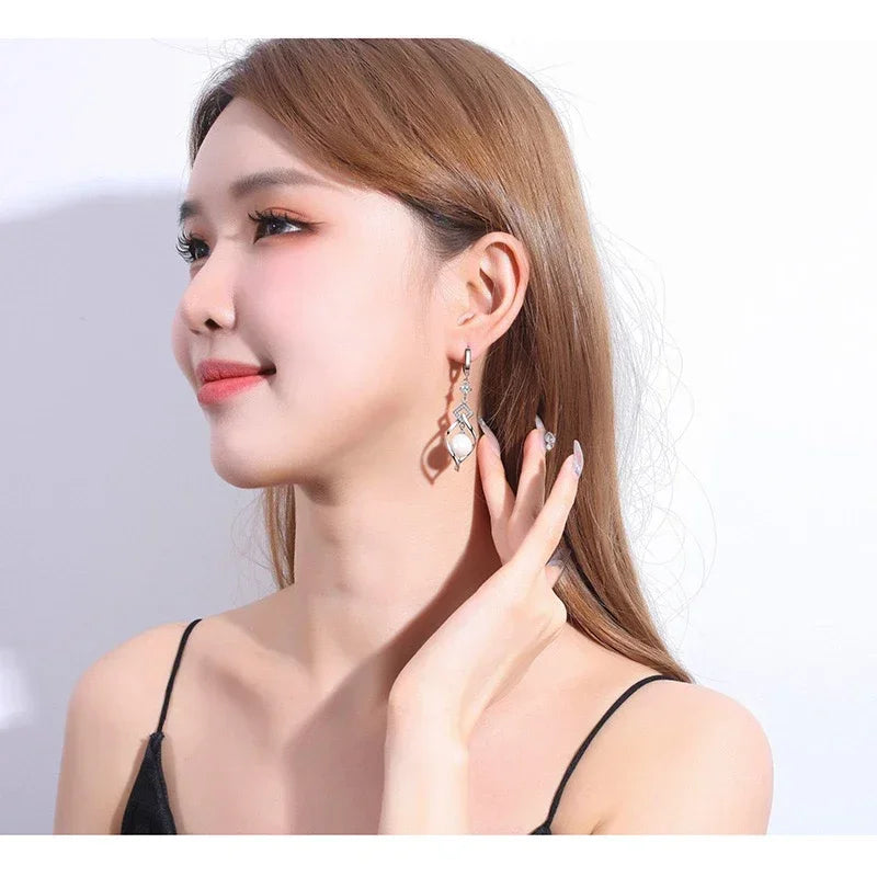 925 Sterling Silver Crystal Zirconia Natural Pearl Earrings, Women's Fashion Gorgeous Wedding Engagement Party Jewelry