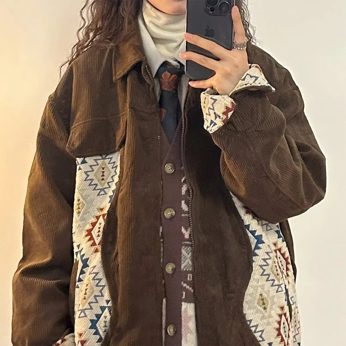 Women Jackets Geometric Contrast Color Leisure Fashion Versatile Retro Japanese Style Chic Streetwear Blocking Coats Warm Daily