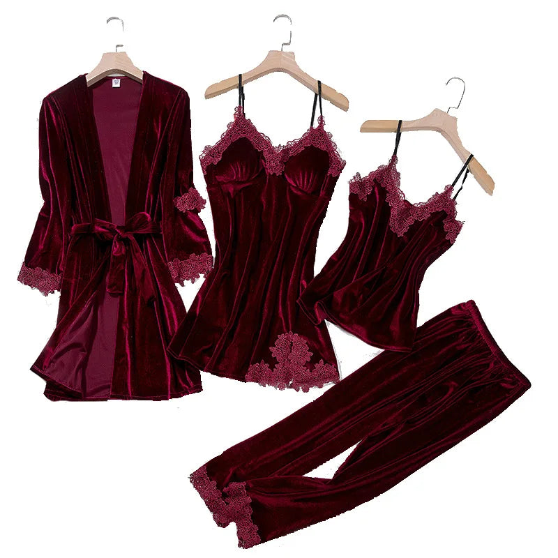 TOP Casual Velour Home Clothing 4pcs Sleep Set Intimate Lingerie Women Pajamas Suit Long Sleeve Lace Velvet Homewear Pyjamas Viralgem Store