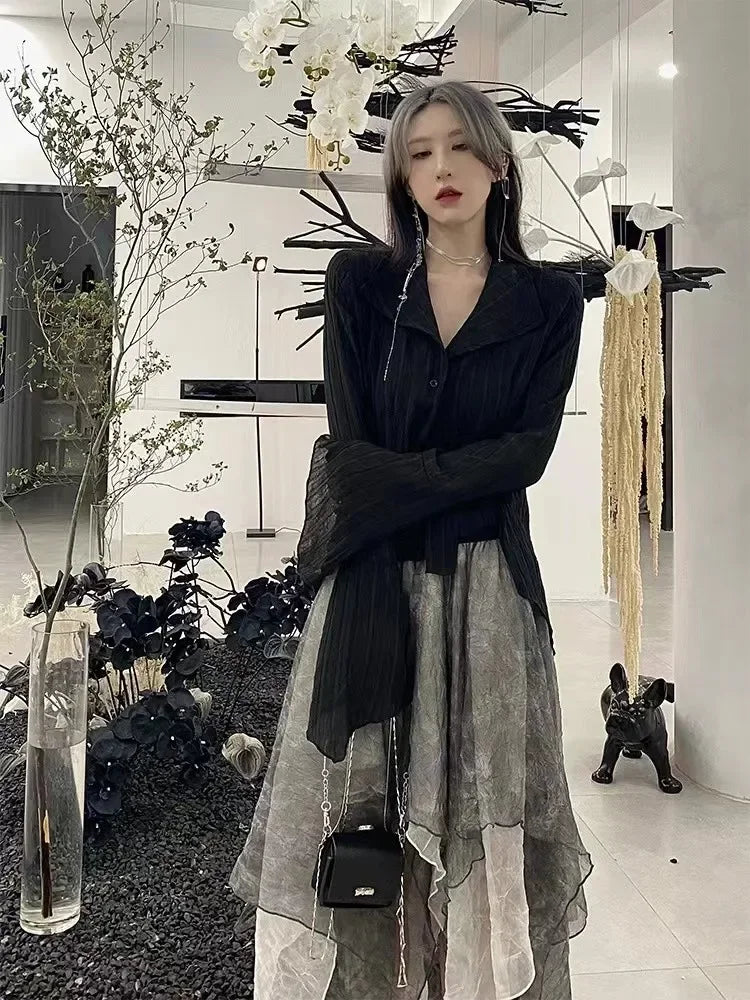 Yamamoto Style Black Shirt Women's Extended Sleeves Irregular Blouses Babes Retro Dark Aesthetic Clothes Gothic Tops