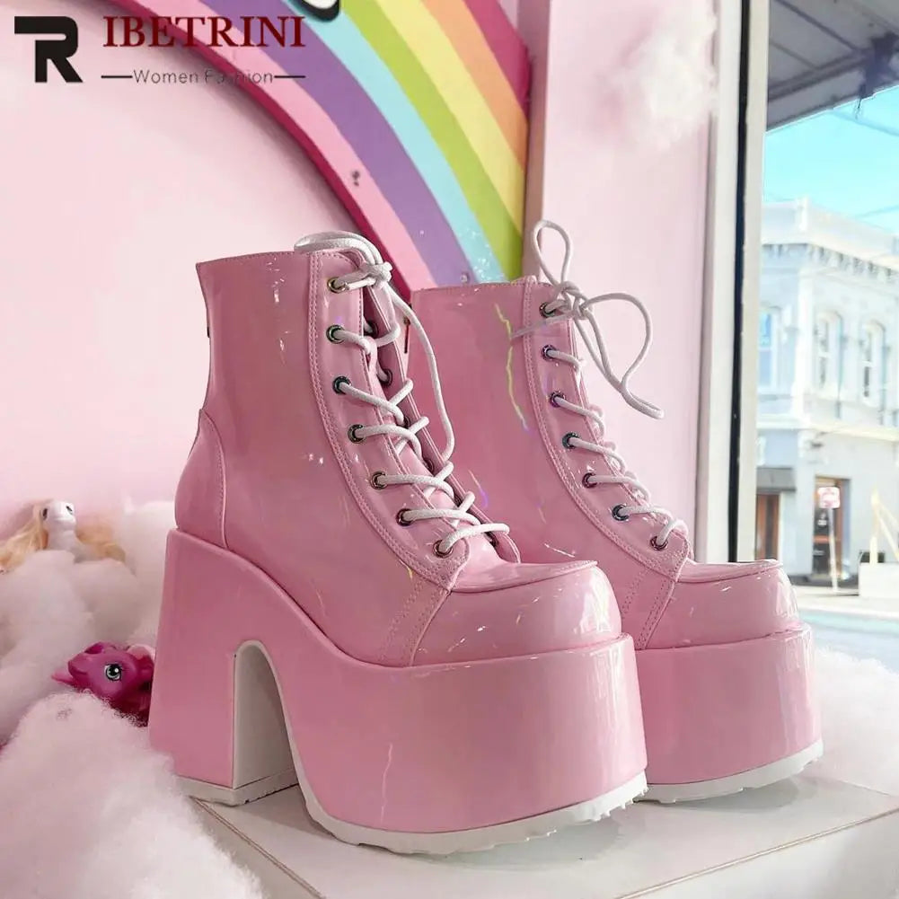 2023 Platform High Heel Cool Punk Fashion Women's High Quality Girls Goth Shoes Black Big Size 43 Cross-tied Casual Luxury Boots