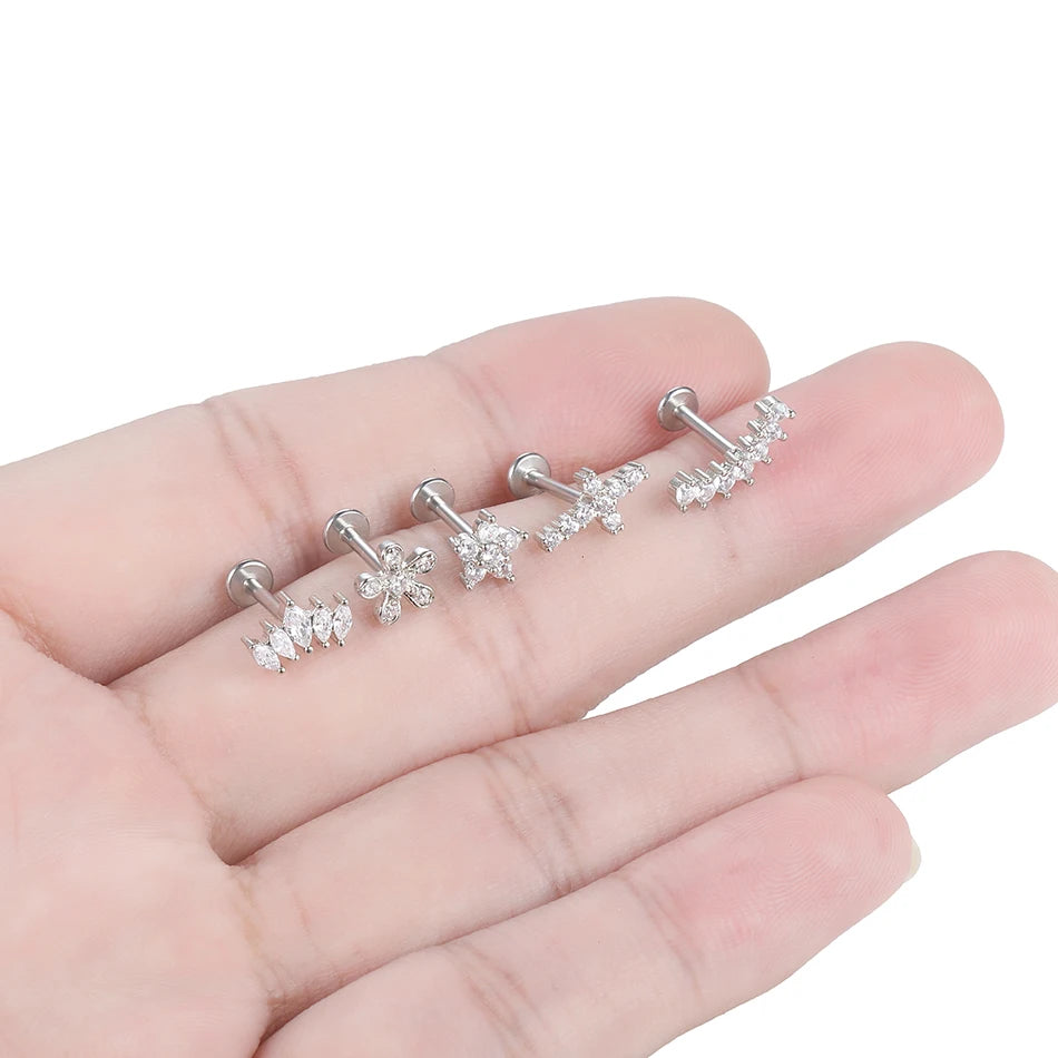 1PC Lip Stud Stainless Steel Ear Piercing Earring Nail Moon Ring Crystal Flower Cross Cartilage Tragus Screw Body Jewelry New
