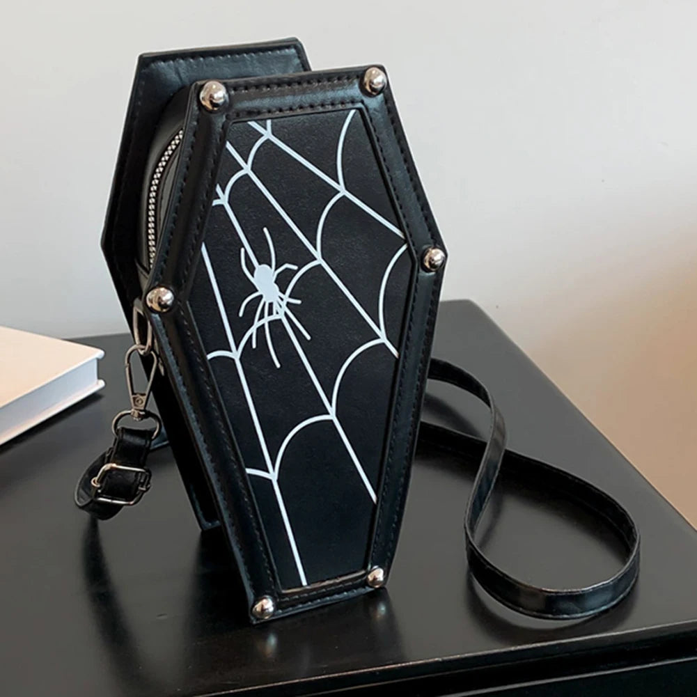 Women Crossbody Bag Large Capacity Coffin Shape Phone Shoulder Bag Halloween PU Top Handle Bag for Travel Make Up Cosmetic Bag