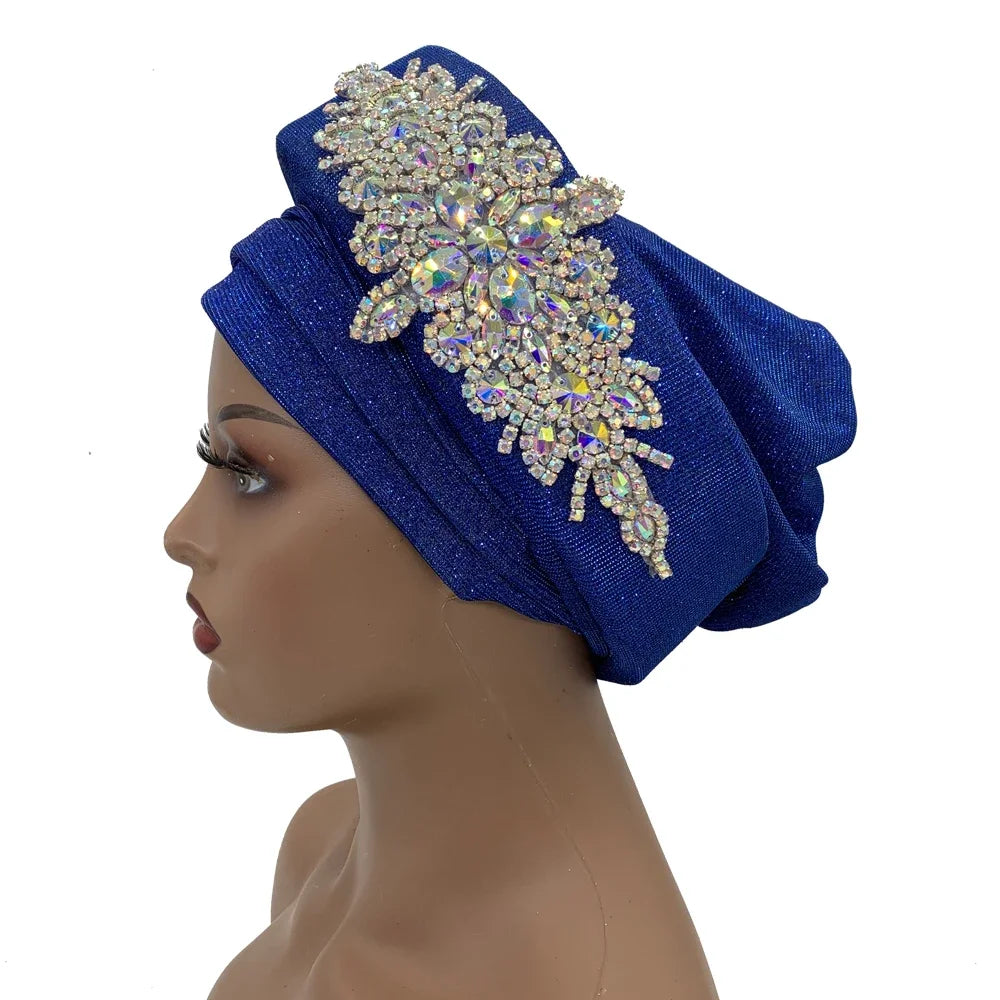 African Wrap Head Headgear Nigeria Auto Gele Headtie Turbante Mujer Luxury Rhinestone Turban Hat for Women Glitter