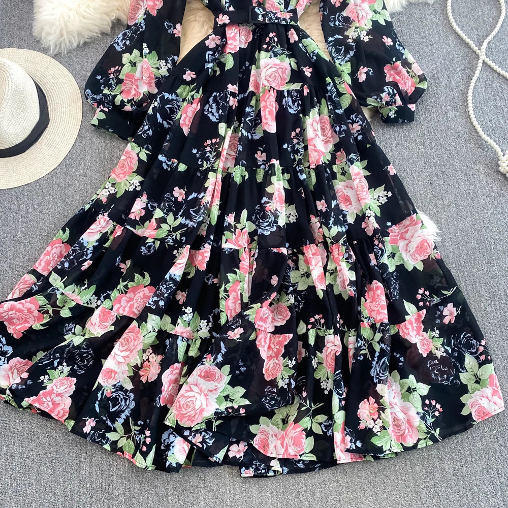 Spring Autumn Women Floral Chiffon Long Dress Vintage Purple/Pink/Black/Beige Stand Collar Single Breasted Maxi Robe Elegant New Viralgem Store