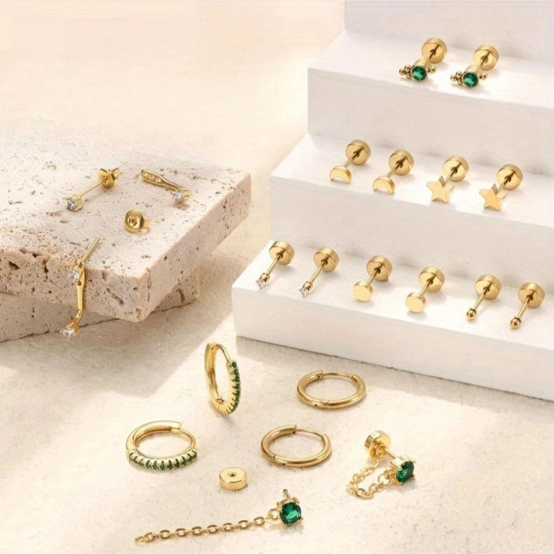 20pcs Stainless Steel Delicate Comfortable Green Gemstone Flat Back Earring Set,Hypoallergenic Small Hoop Earrings Jewelry Gifts Viralgem Store