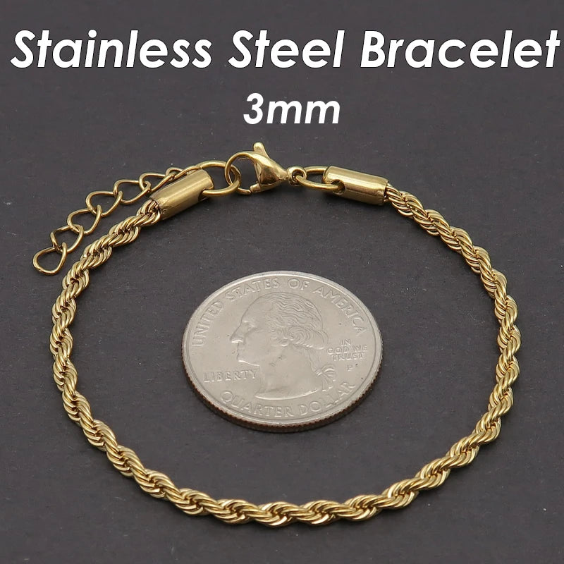 10 Pieces 3mm 5mm Rope Bracelet Stainless Steel Gold Color Rope Chain Bracelet for Men or Women