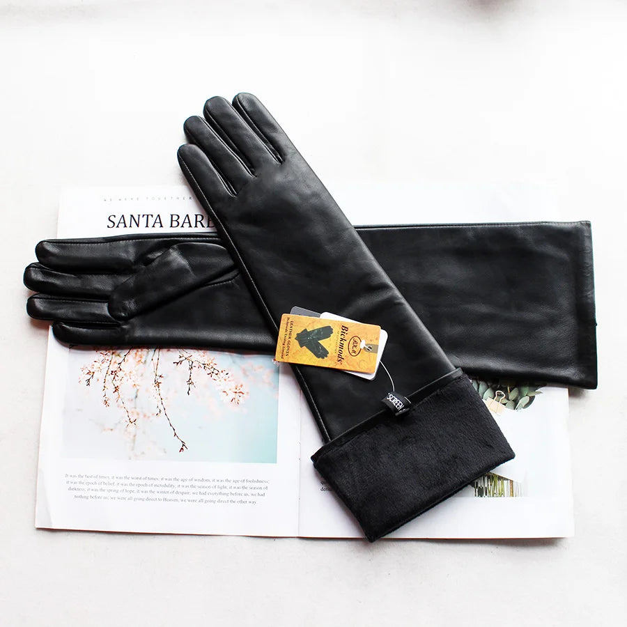 Touch Screen Extra Long Leather Sheepskin Gloves Women's Black Fashion Simple Straight Style Velvet Lining Winter Warm Sleeve