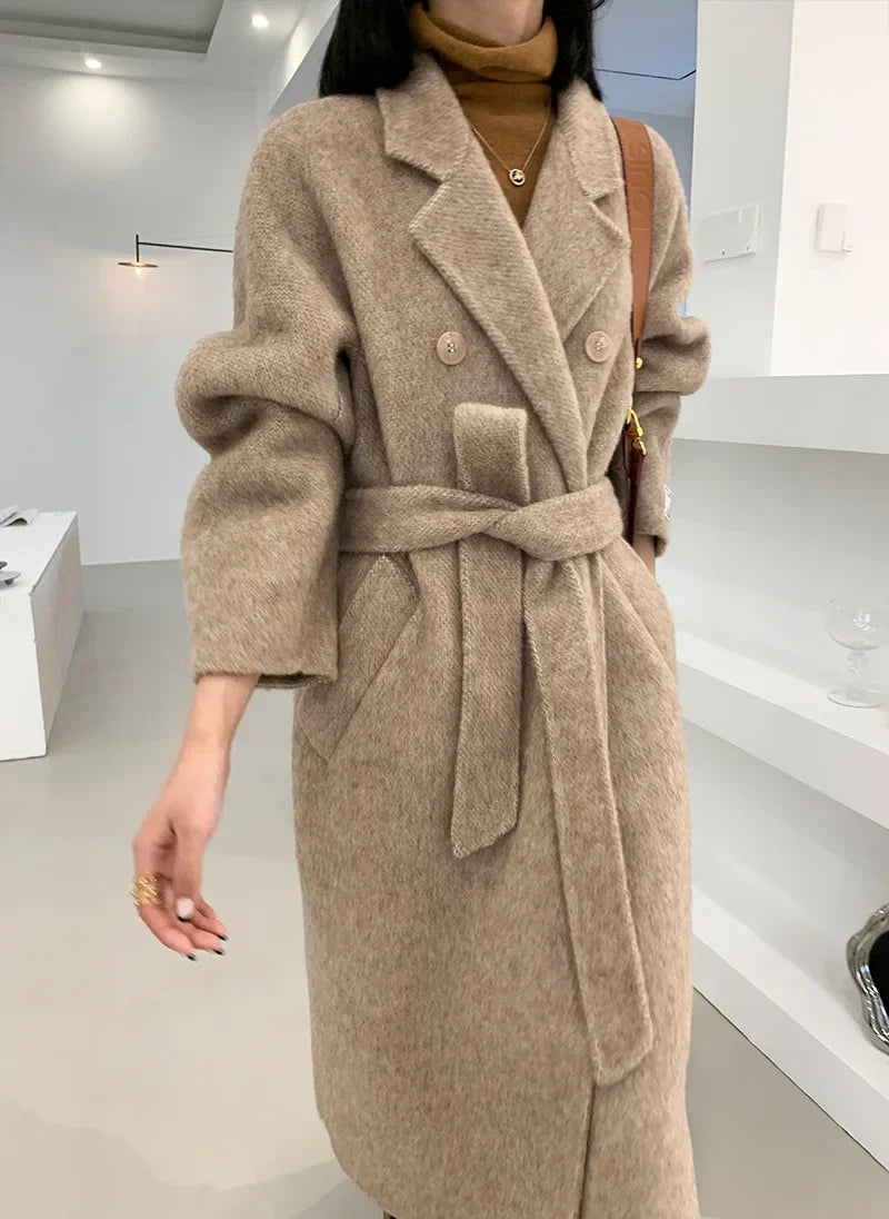2024 Autumn Winter Wool Coat Women Double-breasted Solid Color Women's Double-sided Woolen Belt Coats Loose Warm Wool Jacket