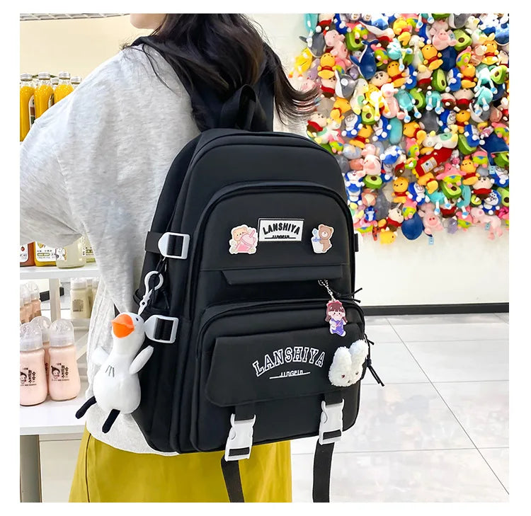5-piece Set of Free Pendants Forest Style Korean Version Casual Harajuku Student Backpack for High School Girls Large Capacity Viralgem Store
