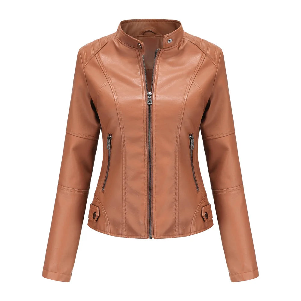 Women Moto Biker Zipper Jacket 2024 Faux Leather Jacket Women Spring Autumn Coat Black Brown Red Purple Navy Coffee Black XS 4XL Viralgem Store