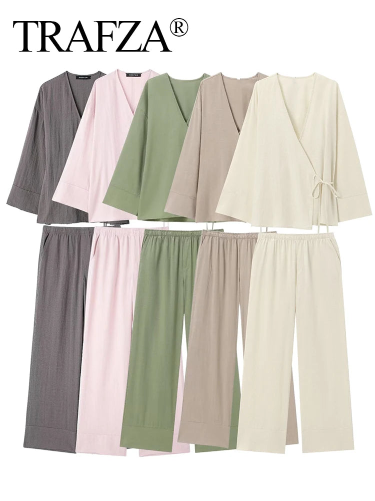TRAFZA 2024 Women Fashion Solid Shirt Pant Set Asymmetric Laced Up Blouse Top+Elastic Waist Loose Wide Leg Pant 2 Piece Suits