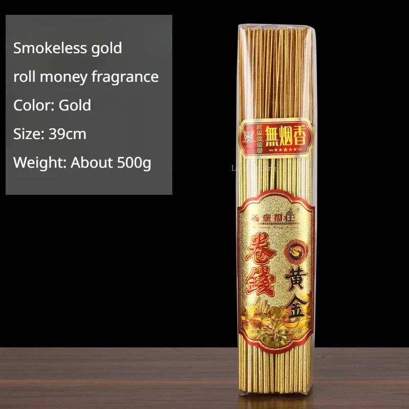 500g Smokeless Thread Incense Gold Roll Money Bamboo Incense Home Worship God of Wealth Incense To Purify The Air Aromatherapy
