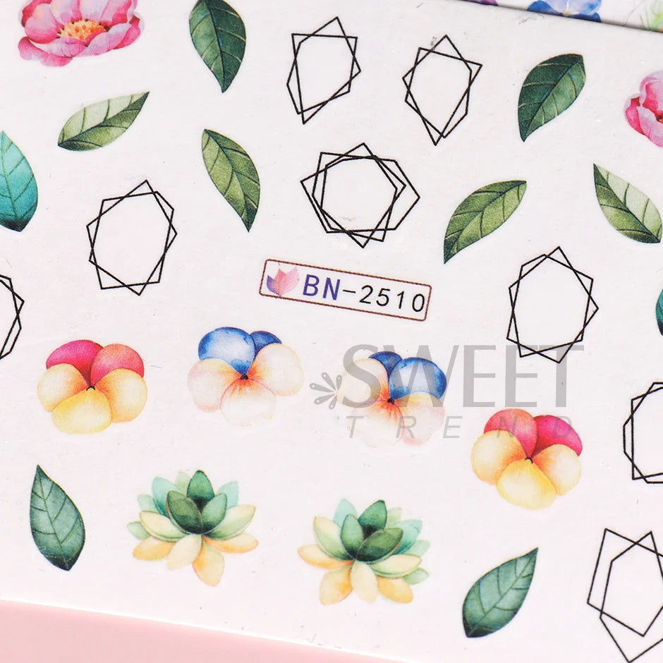 12 Design Floral Nail Art Stickers Water Decals Transfer Summer Painting Flower Leaf Rose Manicure Decoration Nail Sliders Wraps