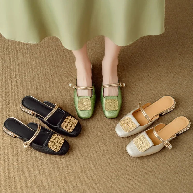 2024 Summer Elegant Sandals Women New Rhinestones Fashion Dress Half Slippers Baotou Women's Temperament Chinese Style Slippers