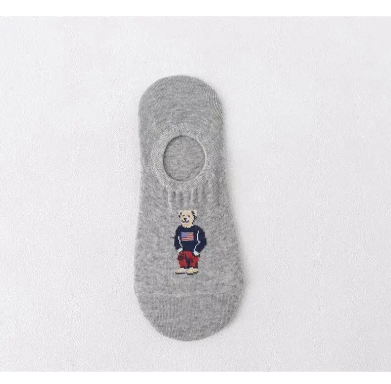 5 Pairs of Super Cute Bear Embroidered Cartoon Bear Boat Socks, Soft and Comfortable, Sweat Wicking and Versatile Short Socks