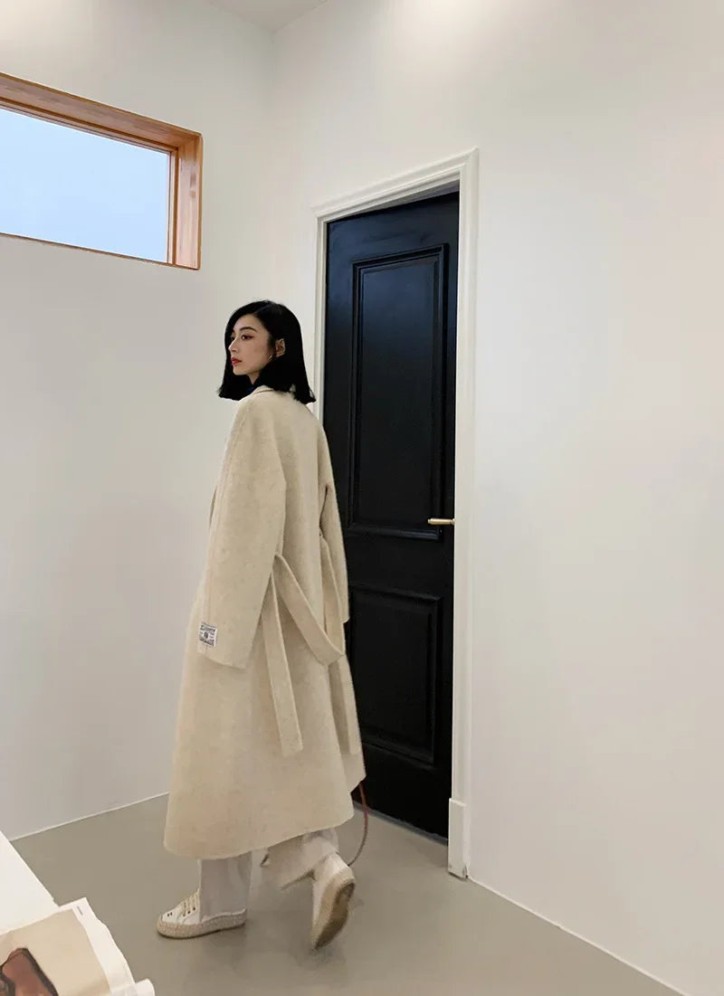2024 Autumn Winter Wool Coat Women Double-breasted Solid Color Women's Double-sided Woolen Belt Coats Loose Warm Wool Jacket