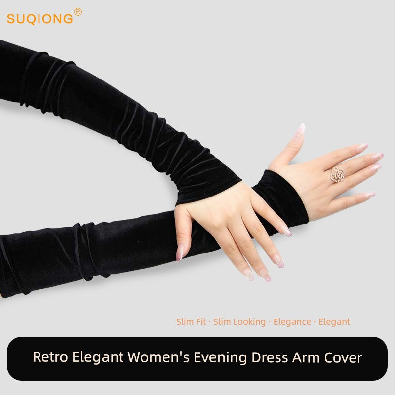 Women's Velvet Open Finger Black Oversleeve Leather Gloves