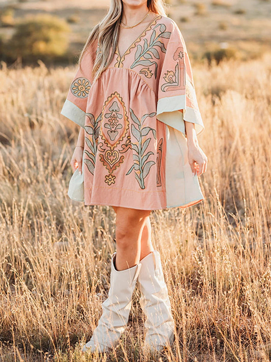 Women's Floral Print Dress Summer Half Sleeves V-Neck Loose Fit Short Dress Relaxed Fit Comfort Beach Dress