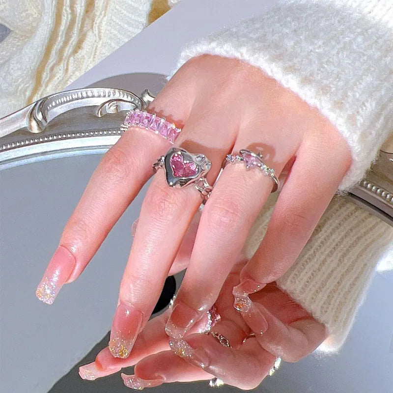 Adjustable Crystal Rings Y2K Pink Irregular Geometry Vintage Bowknot Heart Ring Set for Women Girl 2023 New Fashion Jewelry Gift Viralgem Store