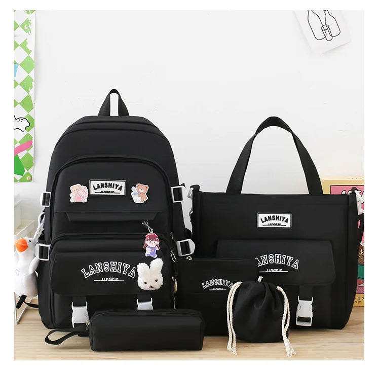5-piece Set of Free Pendants Forest Style Korean Version Casual Harajuku Student Backpack for High School Girls Large Capacity Viralgem Store