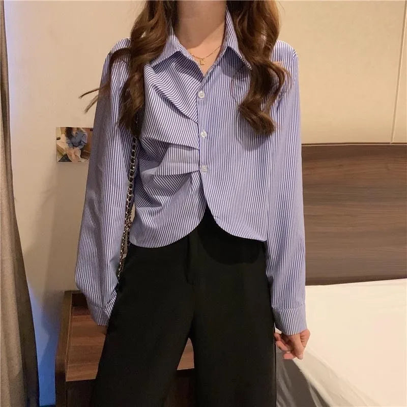 Striped Shirt Women's Design Niche Spring Autumn New Slim Versatile Pleated Long-sleeved Short Top Freshlook Styles