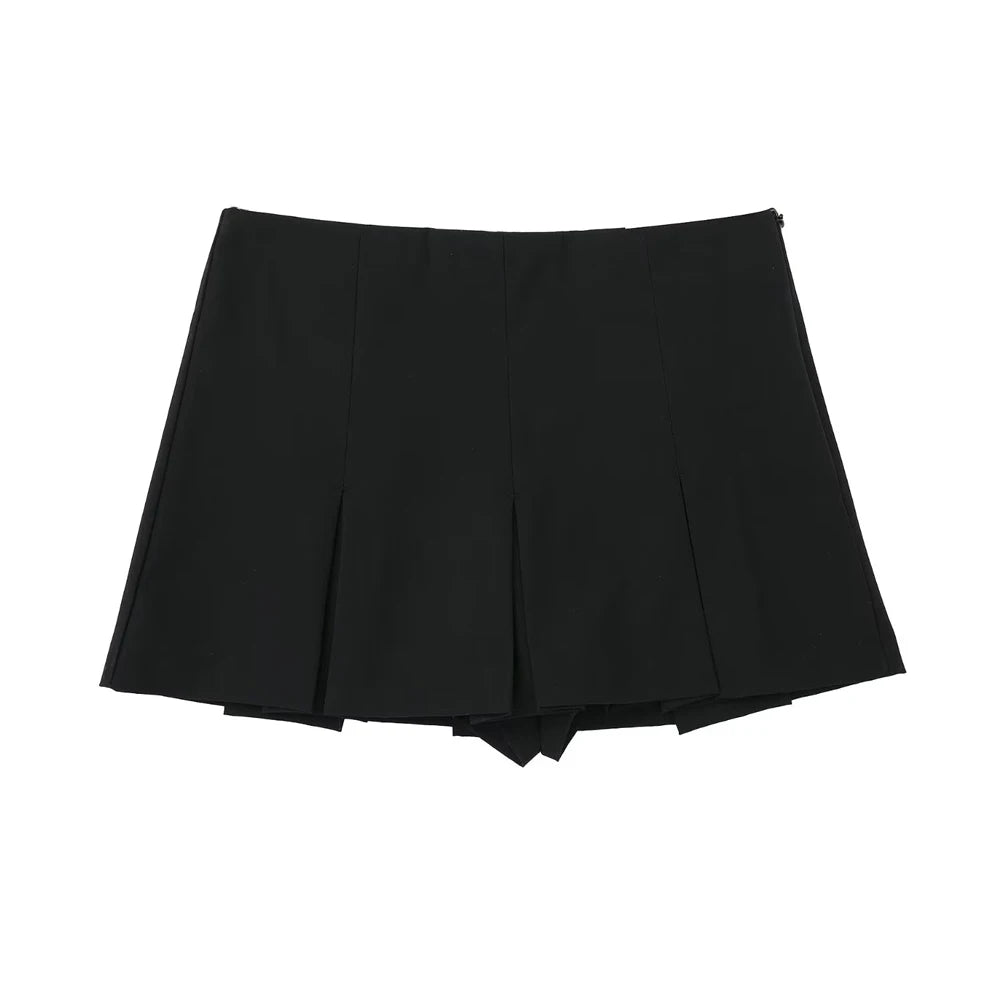 TRAF Women Fashion With Pleated Shorts Skirts Vintage High Waist Side Zipper Female Skort Mujer