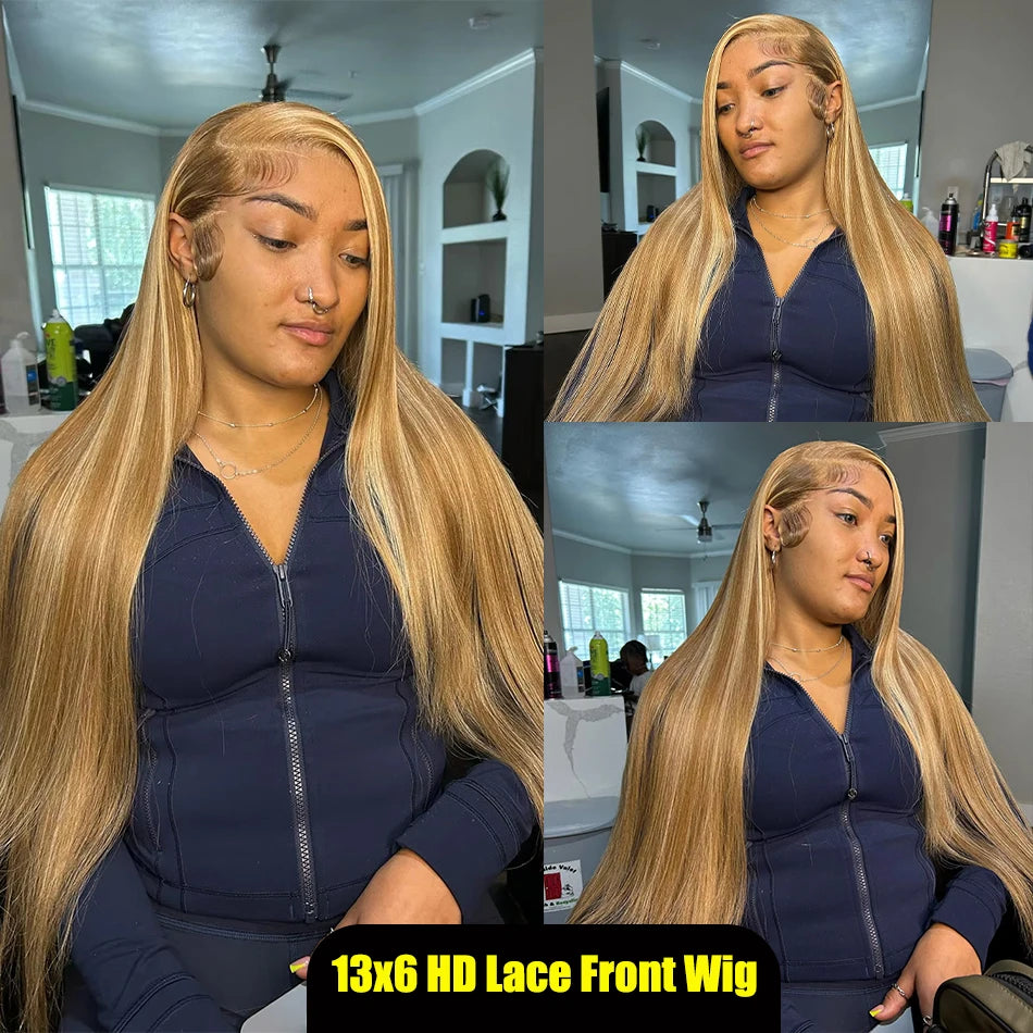 200% Density Bone Straight Blonde Ombre Highlight Wig HD Lace 13x6 Brazilian Human Hair Frontal Wig for Women Colored Hair Wig