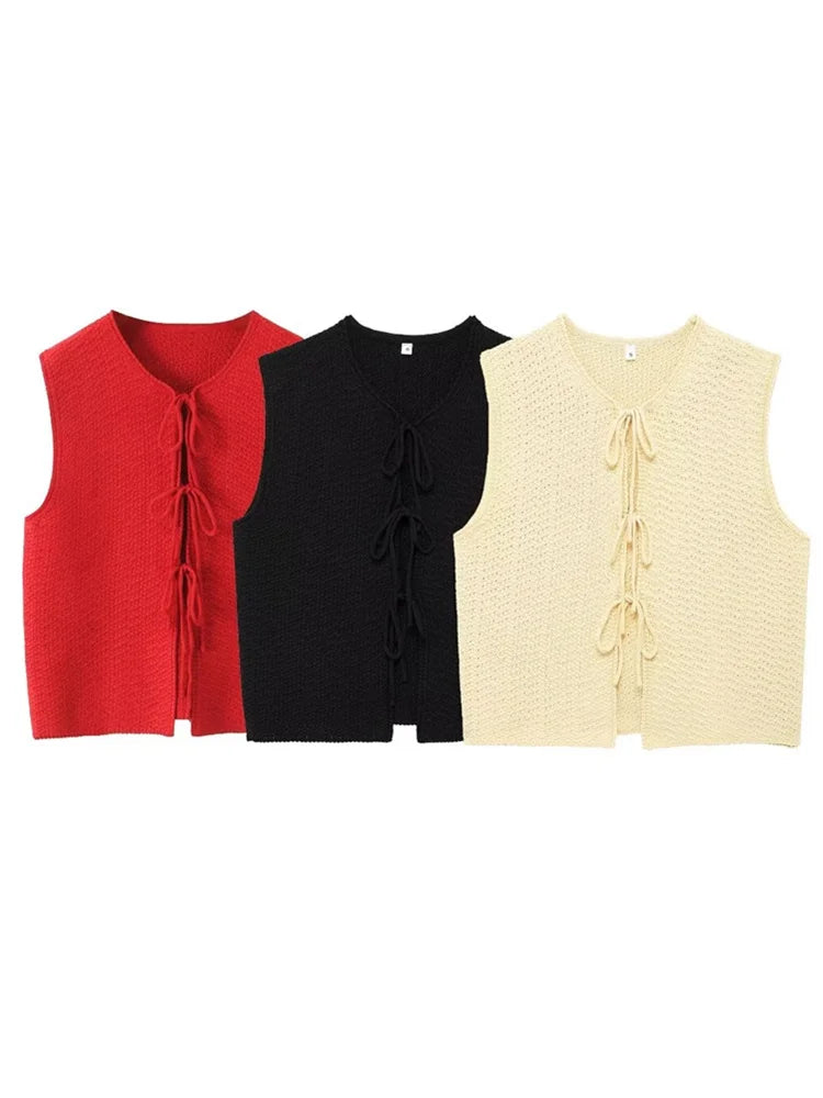 Zevity Women Euro Style V Neck Solid Sleeveless Bow Short Vest Jacket Ladies Retro Knitting Cardigan Slim WaistCoat Tops CT6203 Viralgem Store