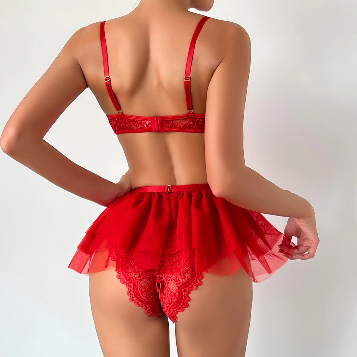 Yimunancy Lace Lingerie Set Women 2-Piece Red Backless Bodysuit Mesh Ball Gown Bow Panty Intimates Valentine Day