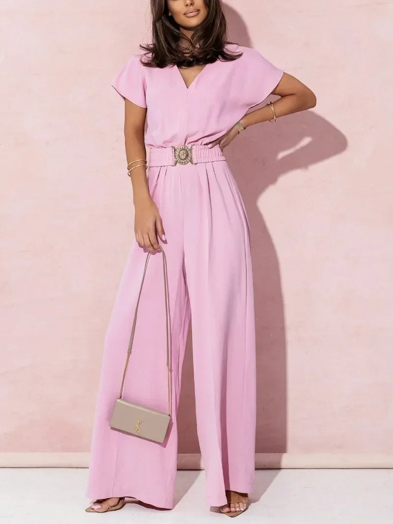 Women's S-2XL size Spring Summer Women's Fashion V-neck Short Sleeve Jumpsuit Ladies  Casual Belt Solid Color Jumpsuit