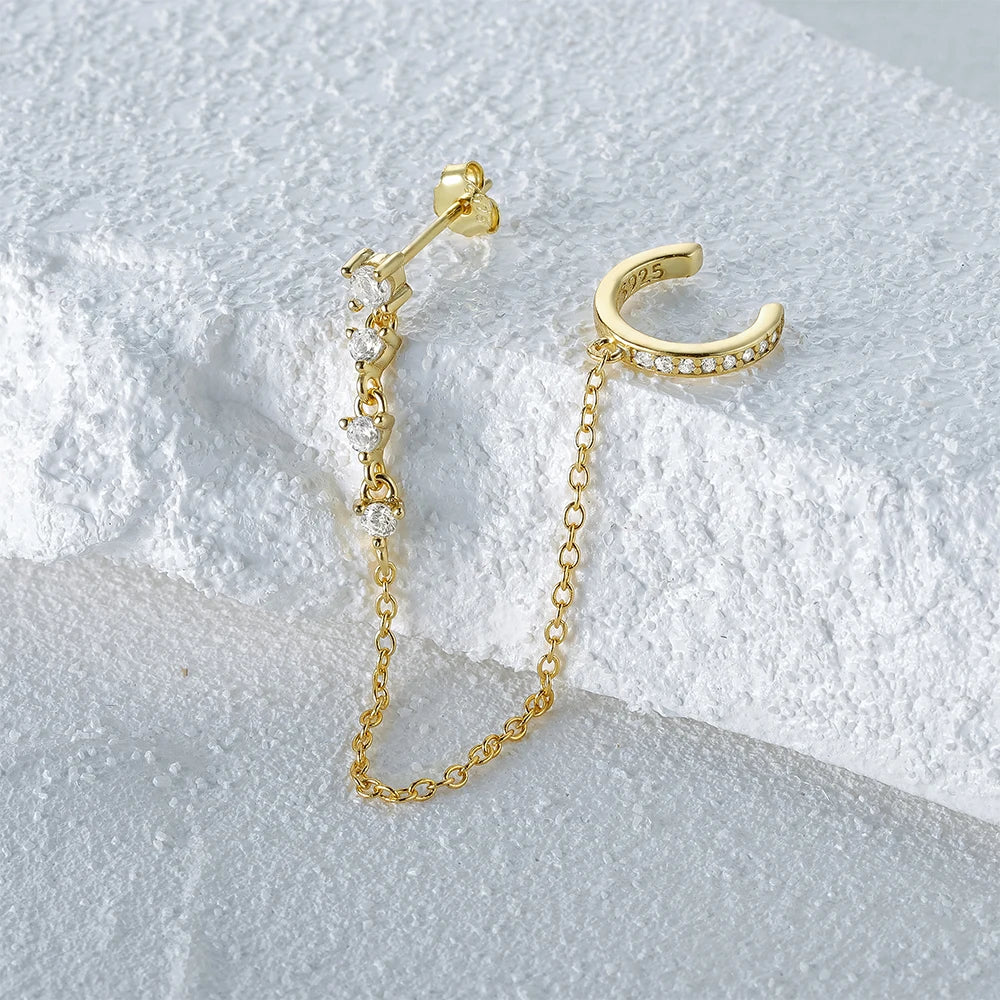 Aide 925 Sterling Silver 1pc Four Zircons Charm Chain Tassel Earrings For Women Double Studs Sparkling CZ Pave Cartilage Clips