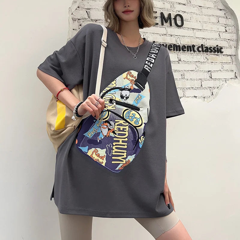 Summer Y2k Clothes New Messenger Bag Printed Pocket Zipper T-shirt Women Europea Style Casual Large Size Couple Casual Tees Tops