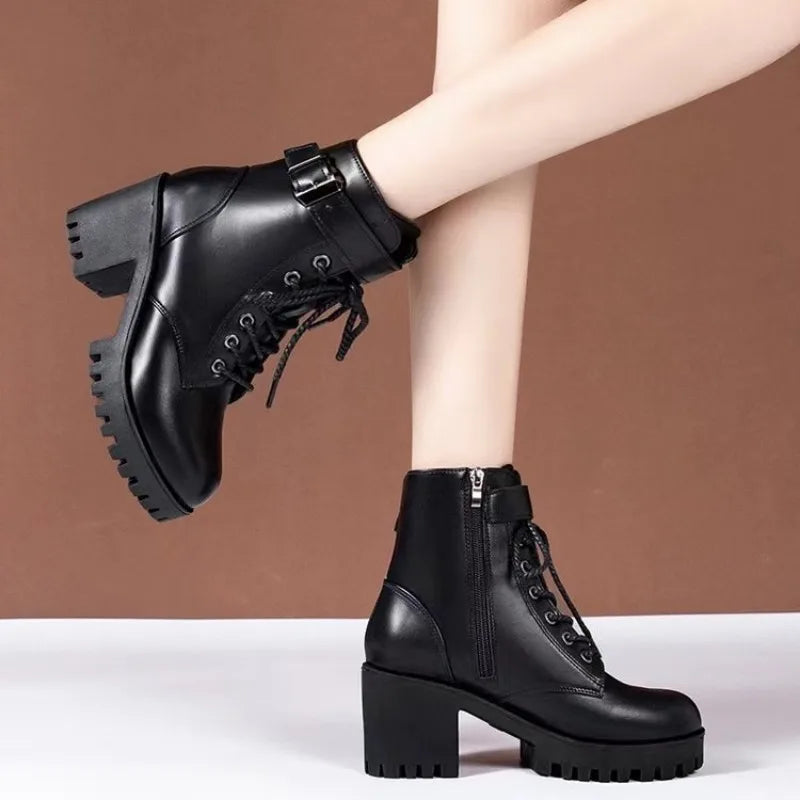 Winter Women's Boots 2025 New Lace Up Boots for Womens Fashion Thick Heel Side Zipper Ankle Boots Warm Female Motorcycle Shoes Viralgem Store