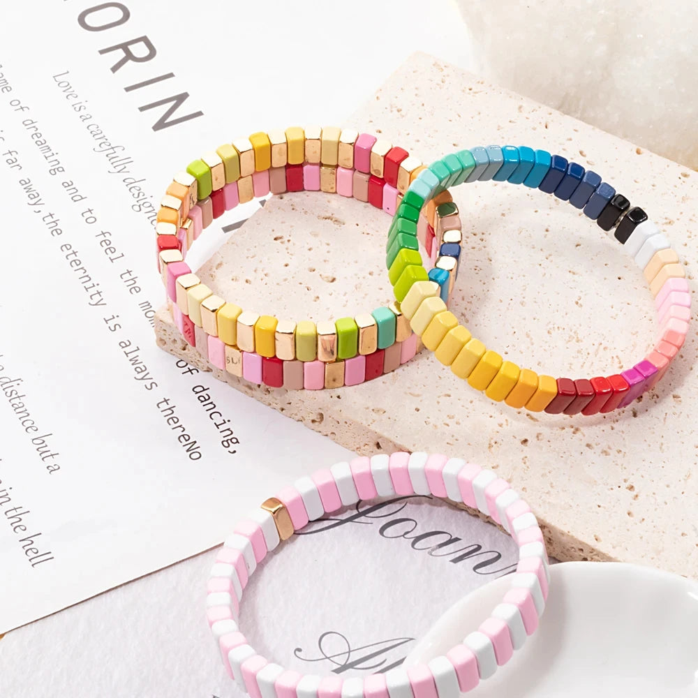 4X8MM Enamel Bracelets Wholesale Colorful Elastic Bangle Handmade Rainbow Beads Jewelry