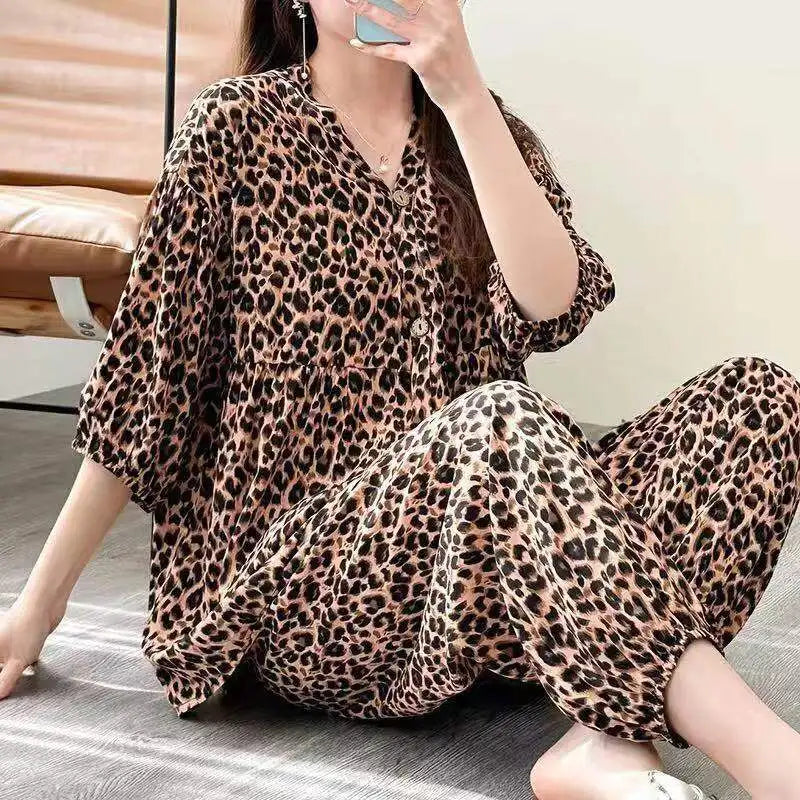 2023 New Cotton Silk Summer Pajamas Suit Plus Size Loose Ladies Home Clothes Two-piece Casual Style Thin