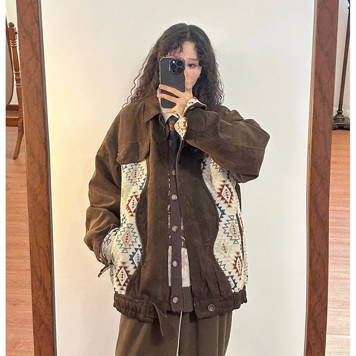 Women Jackets Geometric Contrast Color Leisure Fashion Versatile Retro Japanese Style Chic Streetwear Blocking Coats Warm Daily