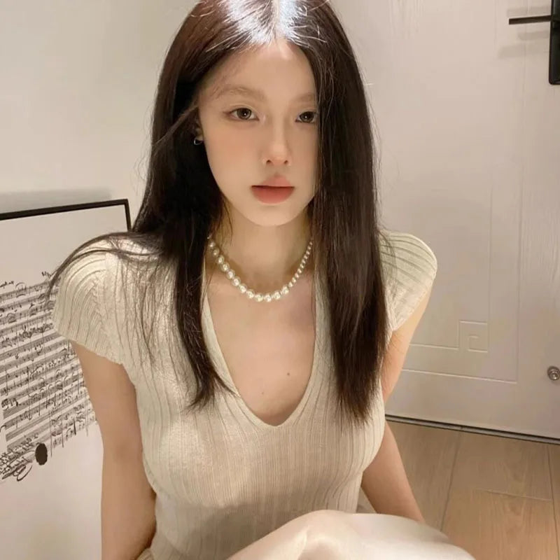Women Sexy V-neck Knitted Short Sleeve T-shirt Summer Solid Vintage Slim Simple Commute Thin Top Pullovers Viralgem Store