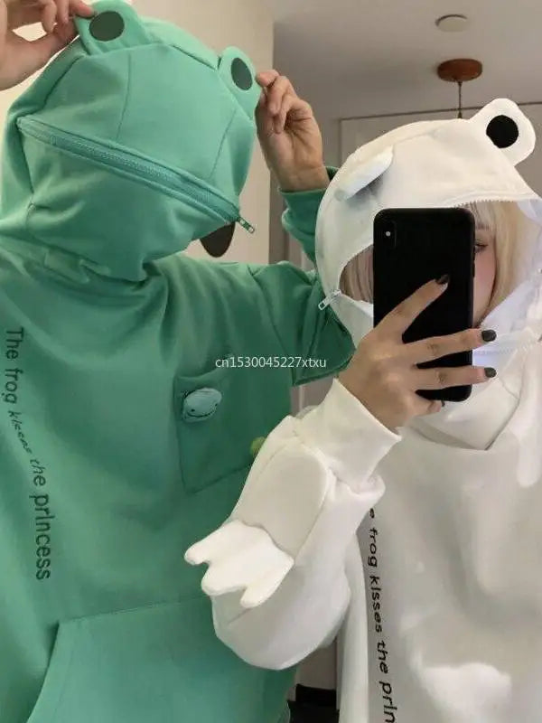 Unisex Frog Zipper Hoodie Fleece Lined Springtime Embroidery oversized Sweatshirt Harajuku Warm Pullover Korean Style Dropship