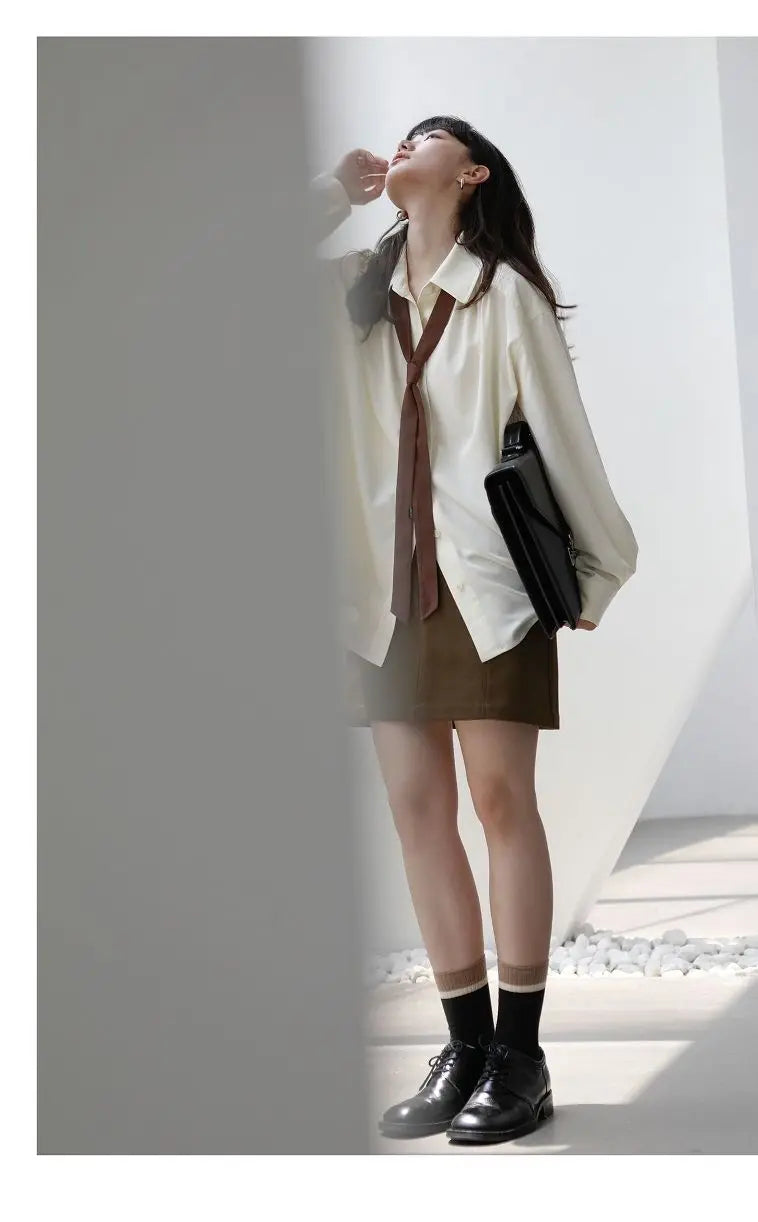 2025 Summer Minimalist Long Sleeve Button Up Shirt Women Korean Style Solid Tie Oversize Shirts Blouse Loose Clothes Autumn Tops