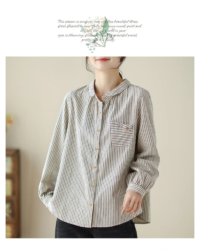 Women Long Sleeve Casual Shirt New Arrival 2024 Spring Korean Style Vintage Striped Loose Female Basics Cotton Tops Shirts B3254