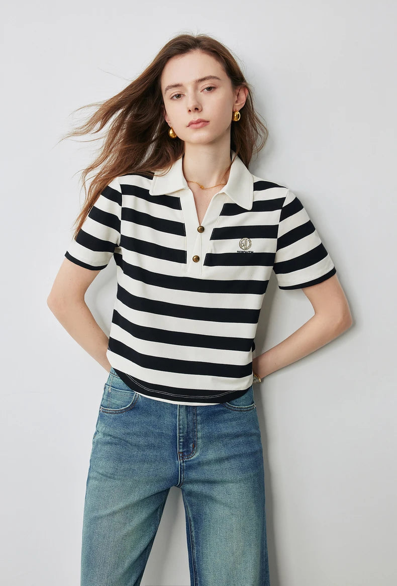 TOYOUTH Women Letter T-shirt 2024 Summer New POLO Collar Top Viralgem Store