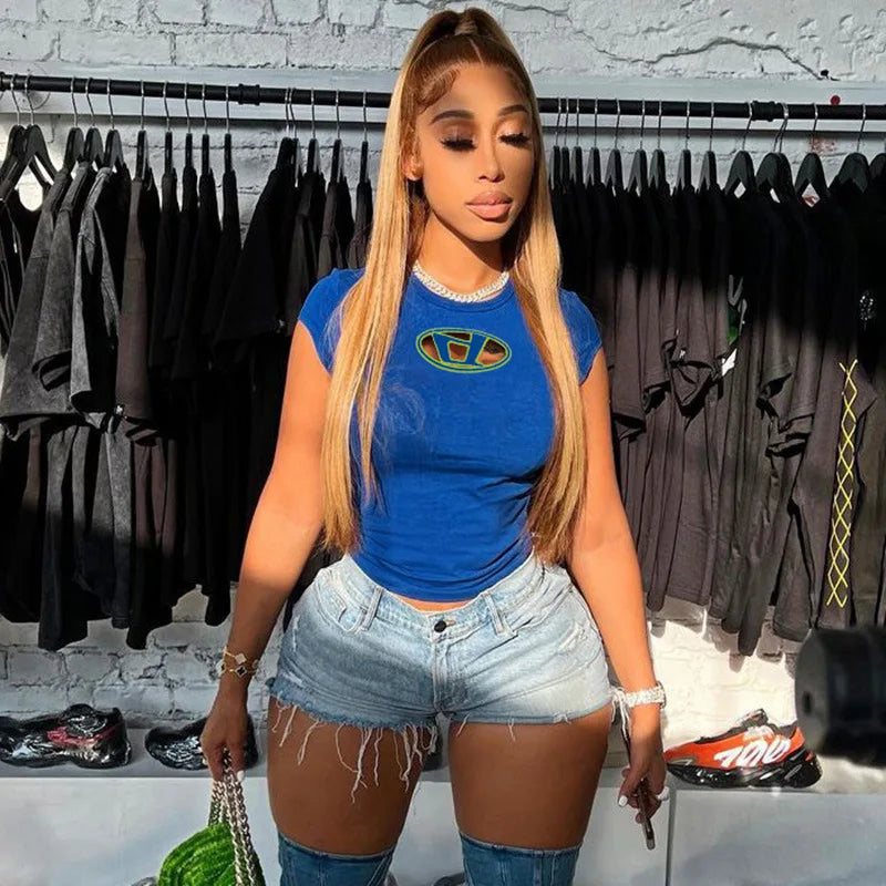 Y2k Top Shirts for Women Fashion Street Spice Girl Slim Show Chest D Embroidery Crop Short Open Umbilical Versatile Top