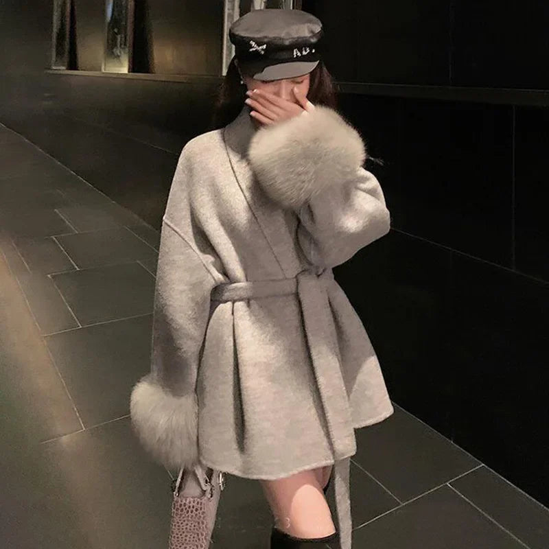Tossy Fox Fur Wool Overcoat Women's Short Coat Office Lady Elegant Double-sided Woolen Coat 2025 New Cardigan Jackets Loose Wool Viralgem Store