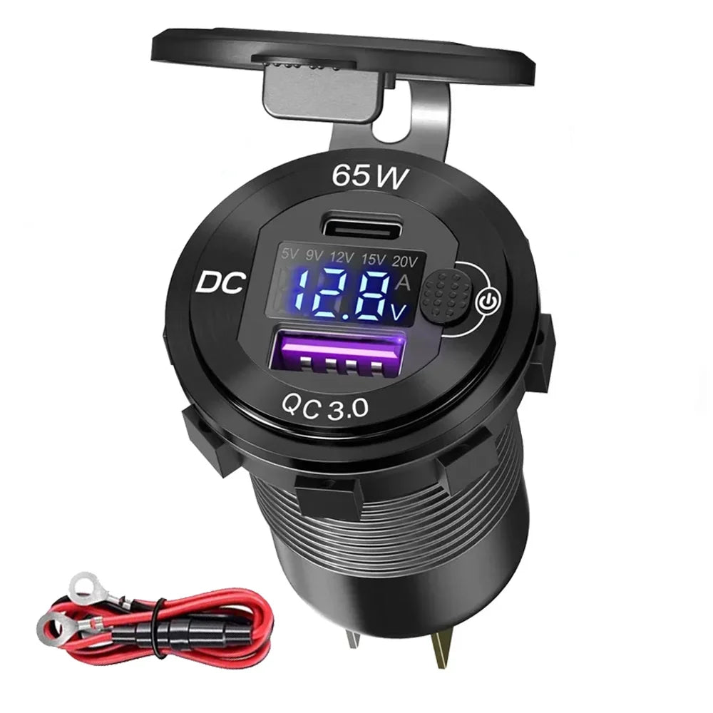 12V/24V USB Car Charger Power Socket with Switch PD and QC3.0 Fast Charging Charger for Car RV Boats Motorcycle