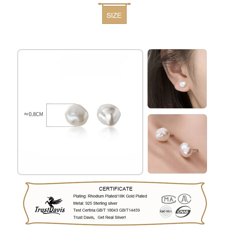 Trustdavis Authentic 925 Sterling Silver Sweet Irregular Baroque Pearl Stud Earrings For Women Wedding Party FIne Jewelry DA1224