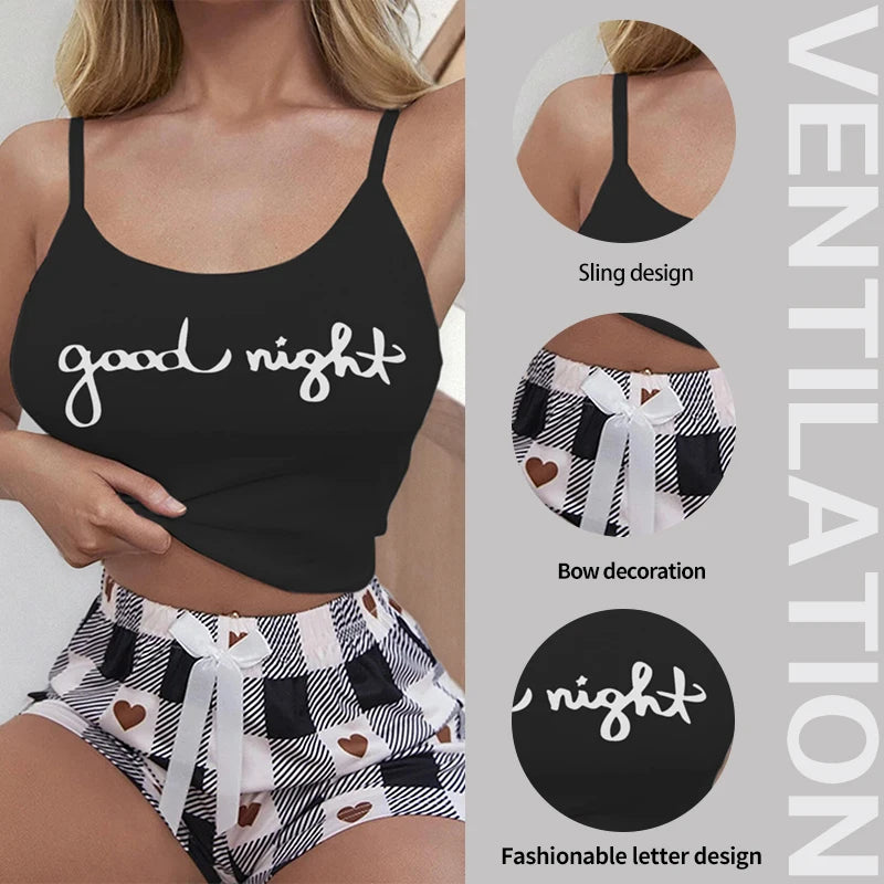 Two Piece Women's Summer Home Set with Round Neck Suspender Letter Vest Bow Plaid Shorts Pajama Set